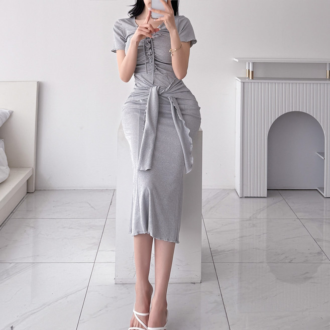 글램디브 바누안 브이넥 리본 반팔 맥시원피스 AB1552