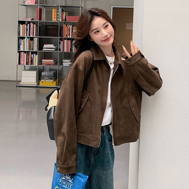 ANYOU 여성 카라 스웨이드 재킷 오버핏 세미크롭 긴팔 자켓 봄가을 브라운 데일리 캐주얼 라이더자켓