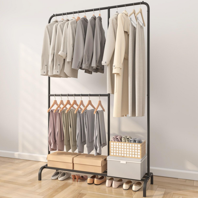 라온스페이스 다용도 튼튼한 2단 이동식 옷걸이 행거, 블랙B