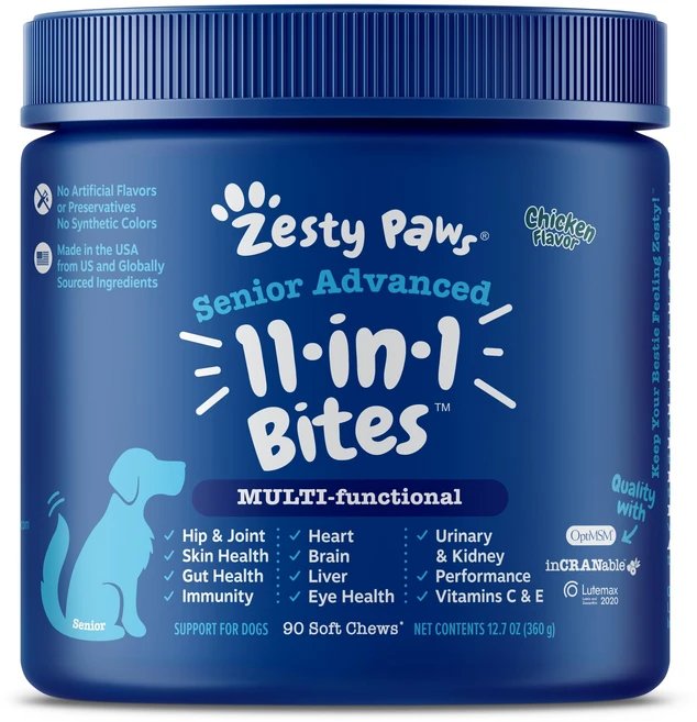 Zesty Paws 강아지 시니어용 멀티비타민 츄 관절 + 소화효소 + 프로바이오틱스 피부 피모 면역 닭고기맛, 1개, 뼈/관절강화, 90정 - 쿠팡