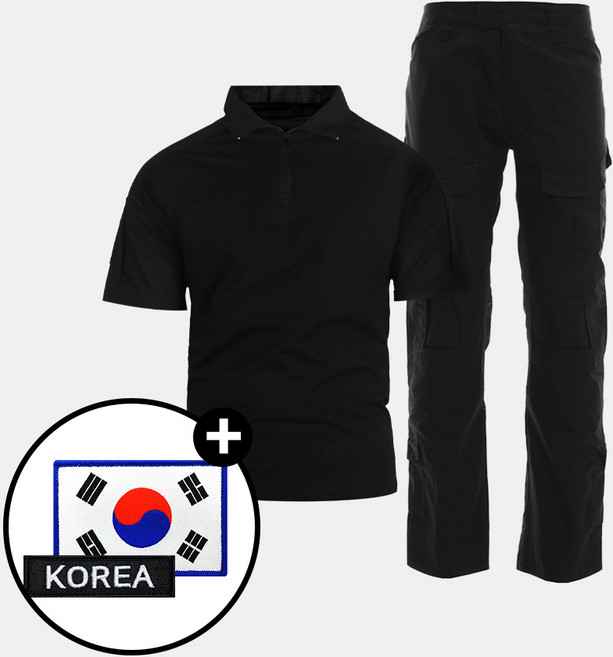 [SET] 택티컬 전술 컴뱃셔츠 반팔+팬츠 세트 + 태극기+ 코리아 패치 - 강철부대W 아웃도어 군인 간부 캠핑 카고 바지, 검정