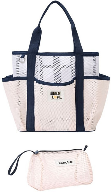 하이핀 8포켓 대용량 메쉬 수영가방 비치백 + 초경량 파우치 세트, 핑크