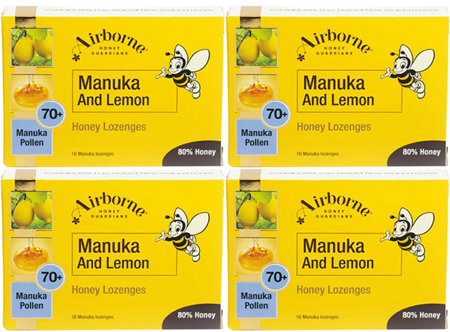 뉴질랜드 에어본 천연 마누카 앤 레몬 로젠지 사탕 70+ 16개입 4팩, 4개