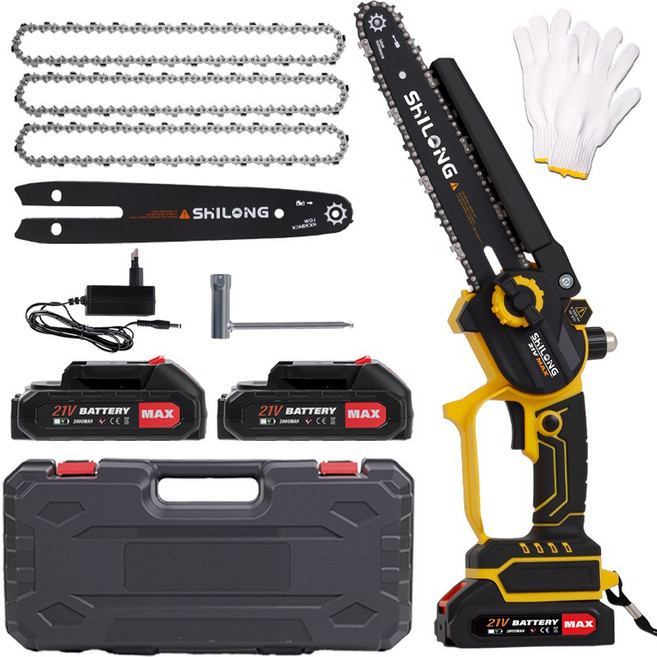 SHILONG 21V 무선 대용량 배터리 마끼다배터리호환 전기톱 충전식 소형 체인톱 20cm, 1세트