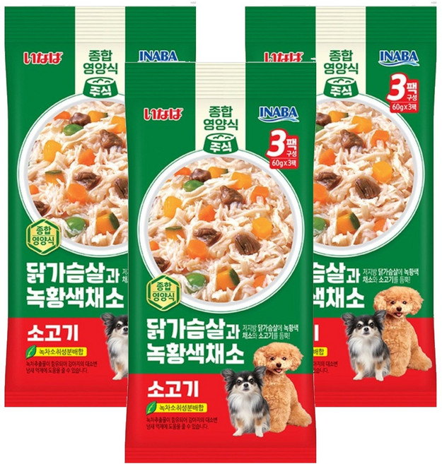 이나바 강아지 닭가슴살과 녹황색채소 파우치 QDR-142, 혼합맛(닭가슴살/채소/소고기), 180g, 3개