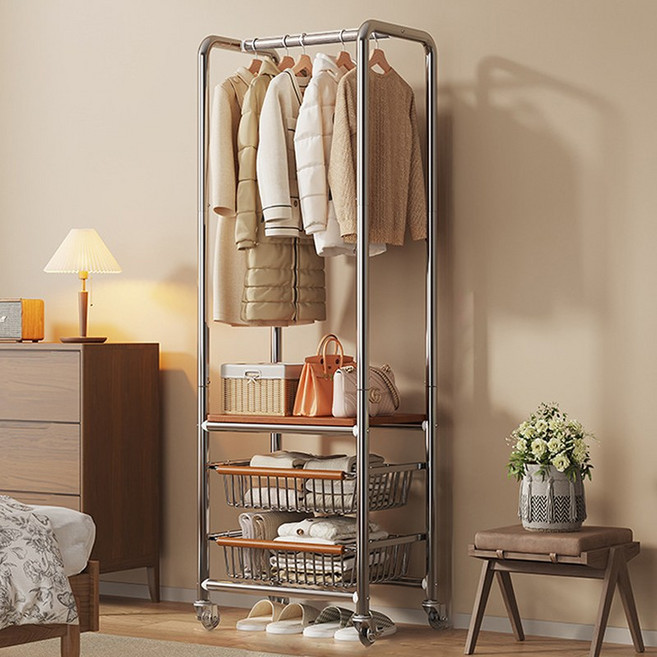 SeekFun 완전 튼튼한 클래식 스탠드 행거 이동식 철제 고급 옷걸이 수납 바구니 선반 다용도 프리미엄 드레스룸 녹 방지 곰팡이 방지 높이 173cm, 월넛