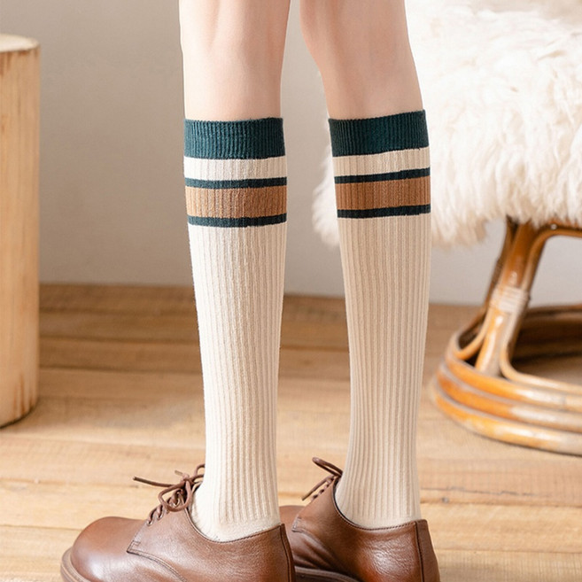 Banjiwu 여성 양말 스트라이프 배색 겨울 양말 무릎 양말 슬림 압박 중목 양말 반목 양말 장목 양말 다리 보온기 필라테스 양말 2족 세트