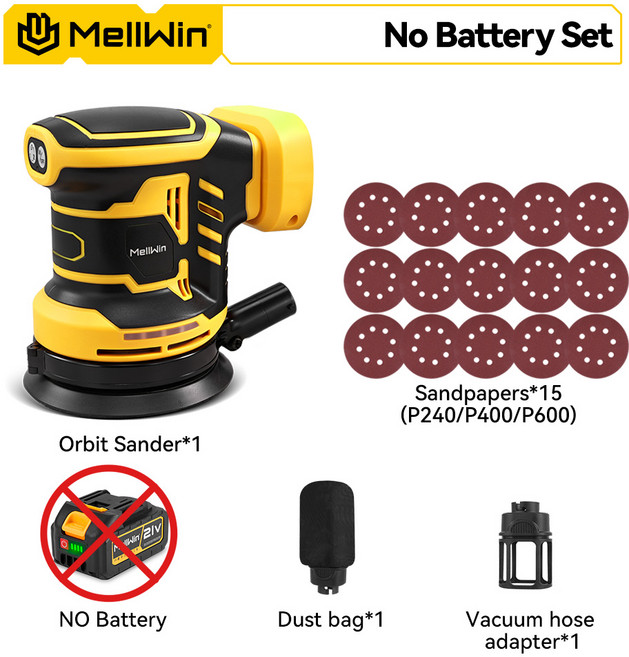 샌딩기 원형 사포 MELLWIN 12000RPM 전기 궤도 샌더 먼지통 포함 5인치 목재 연마 가공 광택기 마키타 18V 배터리 핀용, 03 Without Battery