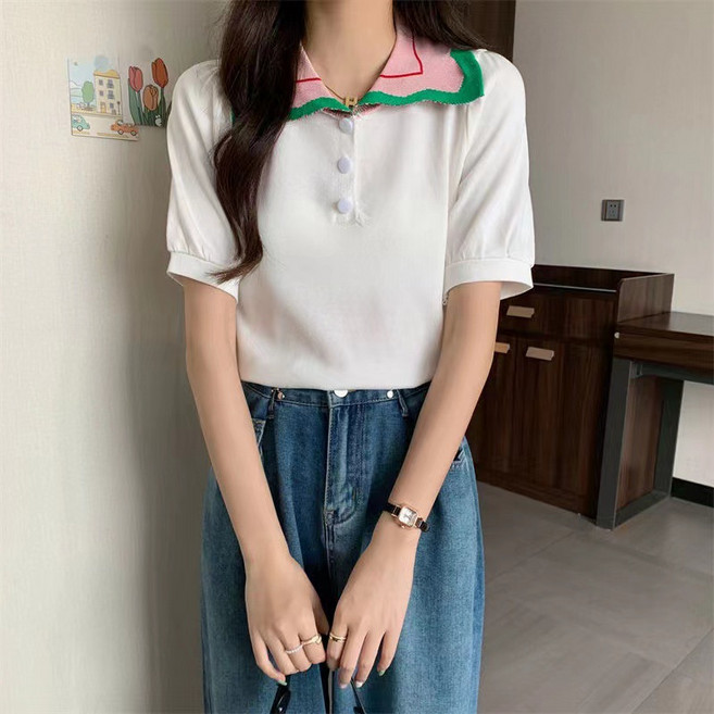 콘트라스트 POLO 칼라 버블 슬리브 슬림 니트 스웨터 여성의 여름 틈새 심플한 디자인 셔츠