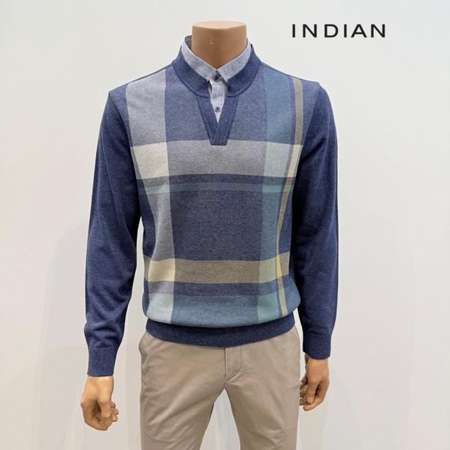 인디안 체크 패턴 이중에리 니트 MITBP5SC411 56