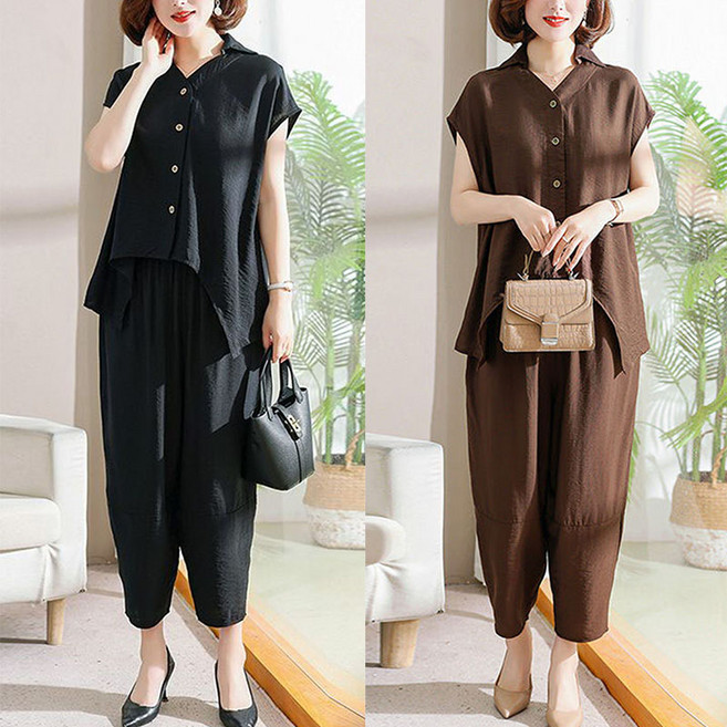 XL-5XL 럭셔리 중년여성 우아한 상하투피스 패션 반팔셔츠 + 하이웨스트 9부팬츠 고급스러운 여성 투피스