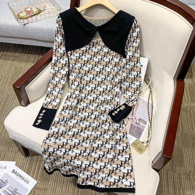 러브베리 여성 배색카라 트위드 패턴 A라인 금장버튼 원피스 JL0311A