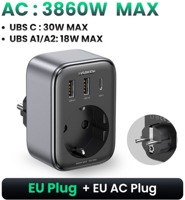 AC 콘센트가있는 UGREEN 30W GaN PD 충전기 iPhone 14 Xiaomi USB 벽 소켓 전원 스트립 충전기 용 휴대 전화 충전기, 보여진 바와 같이, EU플러그EUAC플러그, 1개