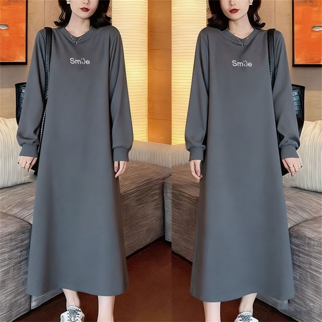 Vezri 여성 봄가을 긴팔 홈웨어 원피스 심플 디자인 슬림핏 실루엣 롱 기장 홈드레스 F88