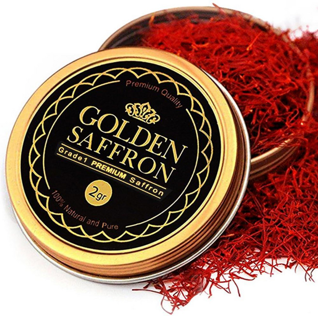 Golden Saffron Finest Pure 프리미엄 올 레드 사프란 실 A+ 등급 슈퍼 네진 GMO 프리 인증 차 파에야 쌀 디저트 골든 밀크 및 리조또용 (, 2g, 1개