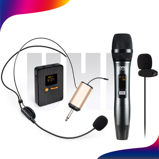 Coms 채널A 채널B UHF 무선마이크 + 핀마이크 + 리시버 수신기 핸디마이크 헤드셋마이크 컴스마트 CR400ADR
