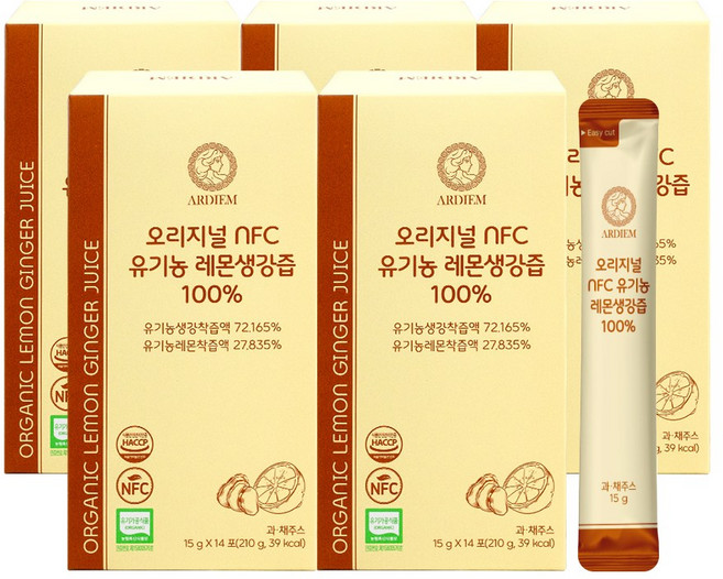 아르디엠 오리지널 NFC 유기농 레몬생강즙 100% 진저샷 레몬 생강, 5박스, 210g