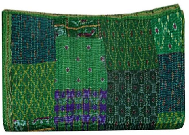 Rajasthaniartdecor 인도 핸드메이드 빈티지 실크 사리 파톨라 에스닉 양면 담요 침대보 스로우 스티치 패치워크 칸타 퀼트 (그린 싱글 152.4 x 228.6cm