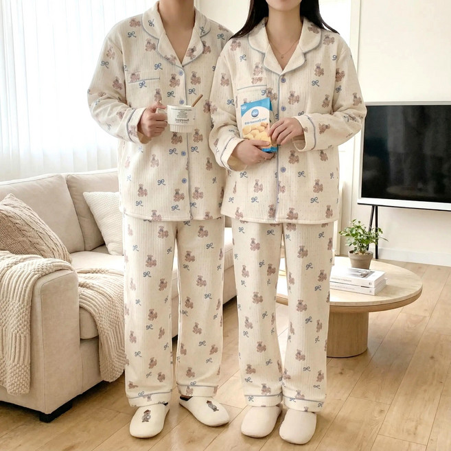 러빙리 누빔달곰 겨울 도톰 긴팔 커플 파자마 러블리 수면 잠옷 홈웨어 상하세트