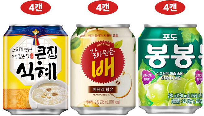 해태 캔음료 3종세트 (갈아만든배+포도봉봉+큰집식혜), 1세트, 238ml