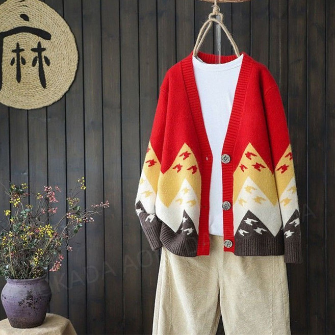 AOKADA 여성 봄 가을 루즈핏 브이넥 배색 니트 가디건