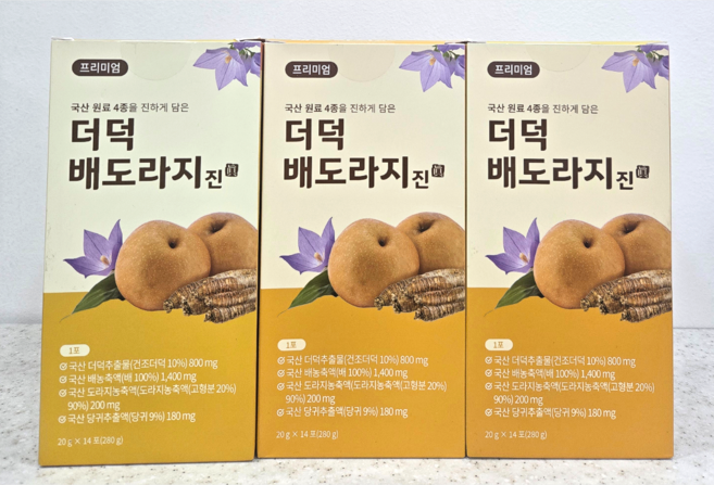 환절기 선물 미세먼지 건강 관리 더덕배도라지즙 100% 국산 원료 4종을 진하게 우려낸 더덕 배 도라지 진 액상 스틱 당귀 비타민C 비타민B2 감초 차가버섯 진피 삼칠삼, 3개, 280g