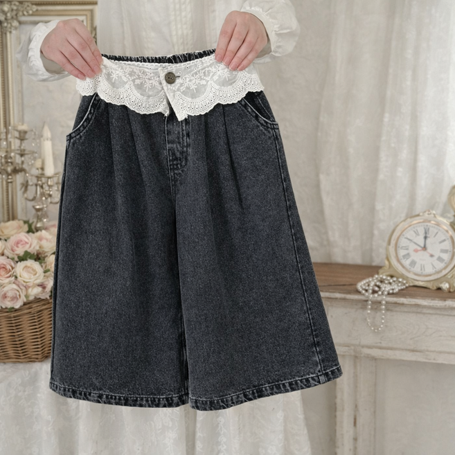 더그랜 여아 레이스 레이어드 와이드 데님 팬츠 자수 포인트 청바지