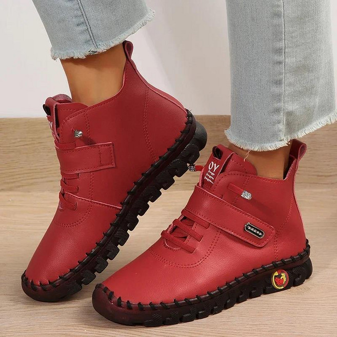 다크 브라운 PU 가죽 플랫 앵클 부츠 여성용 레이스업 하이탑 스니커즈 부드러운 밑창 캐주얼 신발 2024, 01 38, 04 빨간