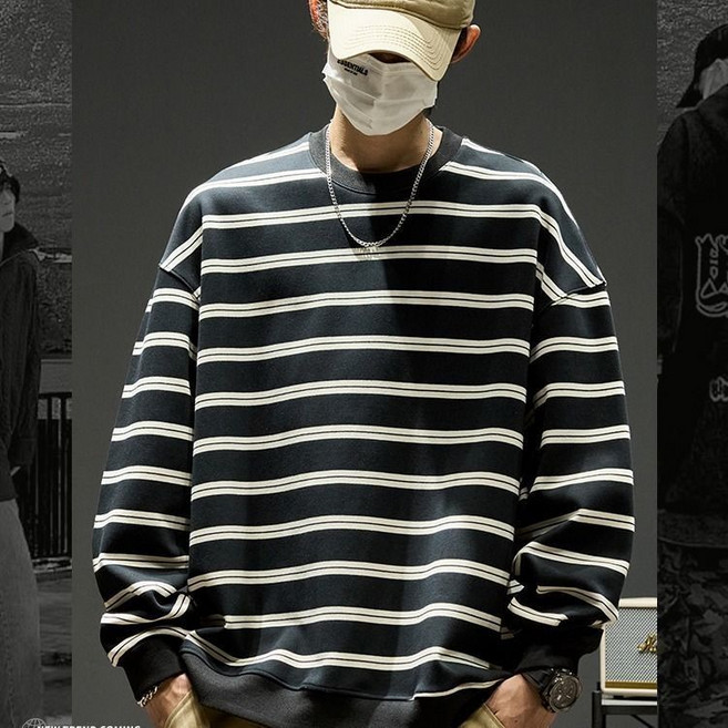 AOKADA 남성 가을 겨울 오버핏 라운드 스트라이프 맨투맨 티셔츠 상의