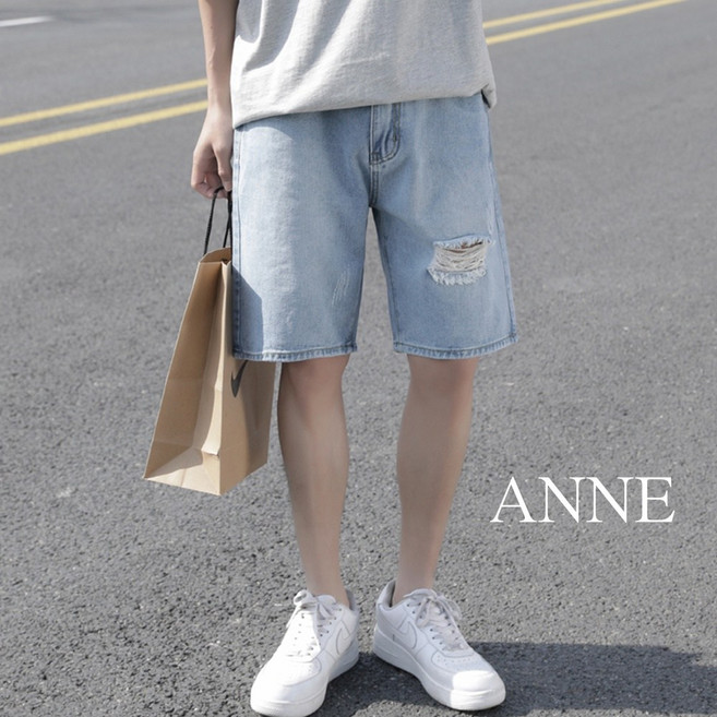 ANNE 男女同款 破洞牛仔五分褲