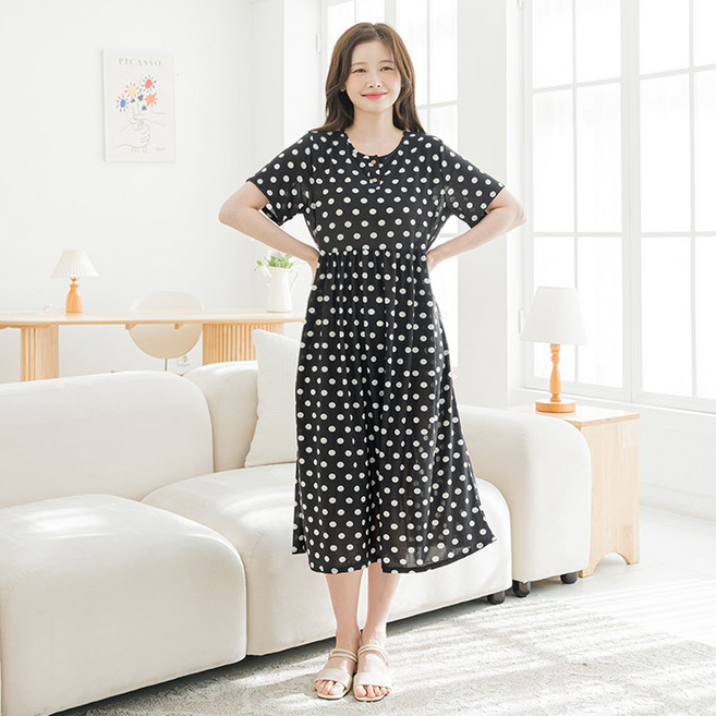 아킵 냉감 버튼 반팔 원피스 데일리 홈웨어 루즈핏 쿨원단