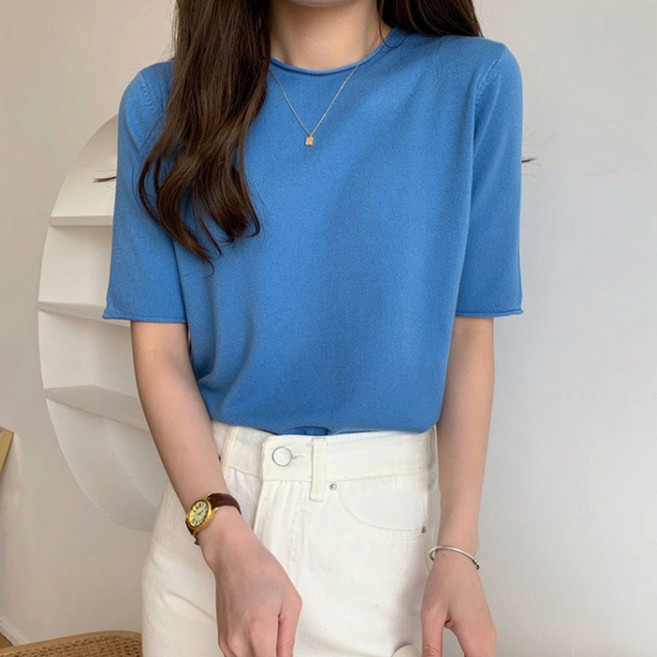 반팔 니트 여성 라운드넥 캐주얼룩 데일리 5부 소매 티셔츠