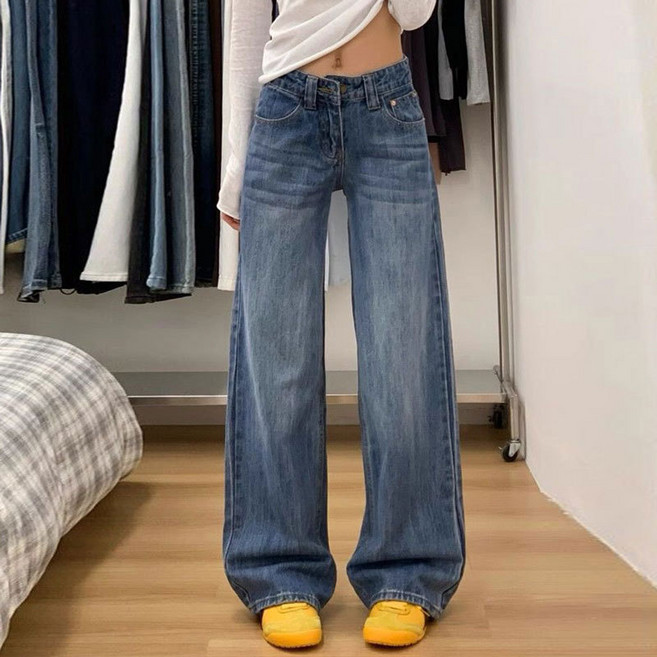 쁘띠꼬모 여성 로우웨이스트 와이드배기핏 데님팬츠 연청바지 WW112144