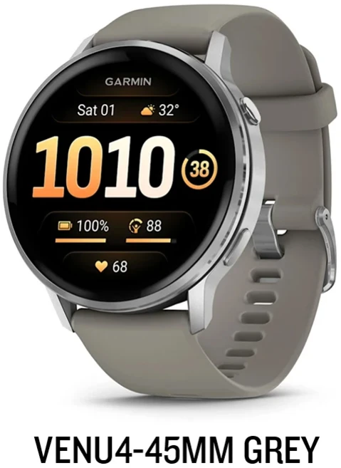 Garmin Venu 4 45mm 고급 건강 및 피트니스 GPS 스마트워치 밝고 다채로운 디스플레이 내장 손전등 배터리 수명 12일 실버 그레이 실리콘 밴드 1332, Silver Gray