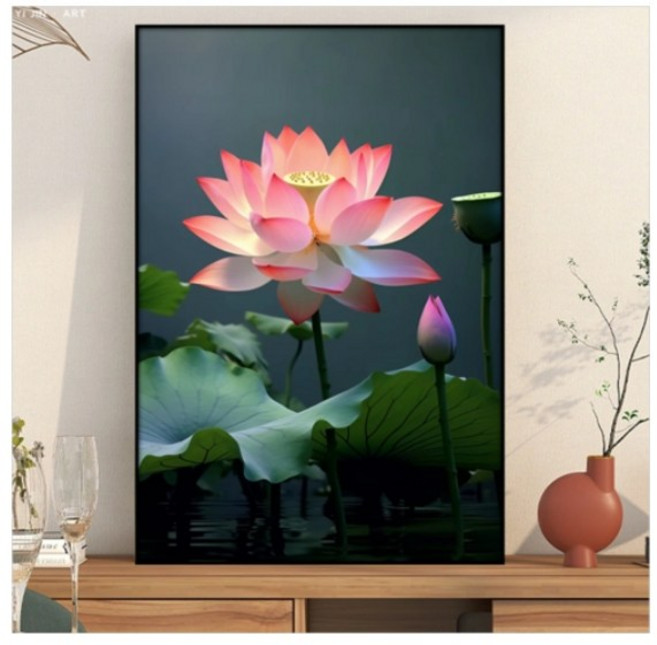 대형 3D 보석십자수 액자 캔버스 일체형 DIY 세트 풍수 재물 기원연꽃 꽃떨기 금전 재물복 행운 연화 하화 불교연꽃 패브릭원단형 아크릴페인팅 가게오픈 집들이선물 다이아몬드 그림, 473426-, 50*70cm (액자 없음), 1개