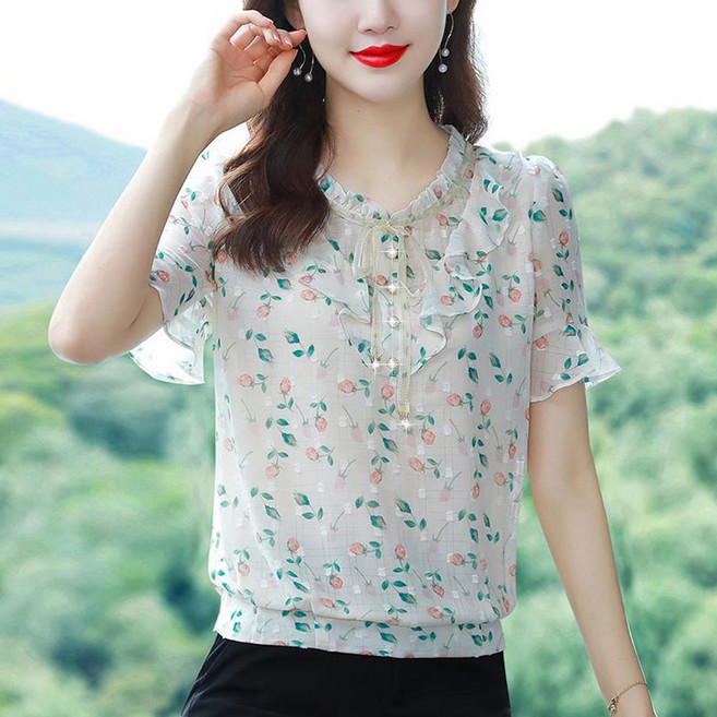 ROYALBELLE 여성 반팔 잔꽃무늬 프린트 프릴 진주 장식 리본 블라우스 K0012154