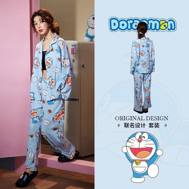 귀여운 순면 도라에몽 셔츠잠옷 신혼 빅사이즈 캐릭터 커플 항균 긴팔 봄가을