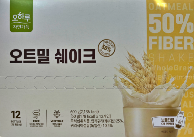 [오하루 자연가득 퀘이커] 오트밀 쉐이크 12입*1박스, 50g, 24개