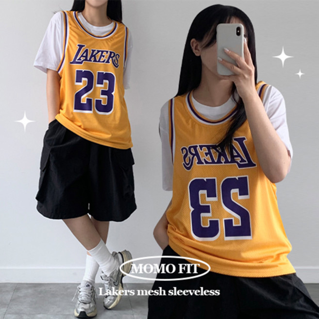 모모핏 LA 레이커스 나시 슬리브리스 블록코어 Y2K