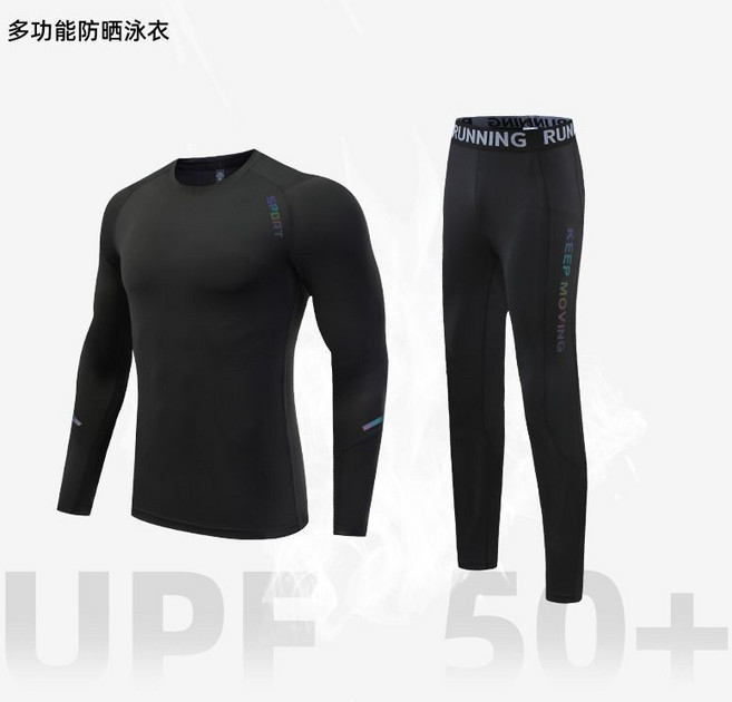 男款全身防曬長袖長褲泳衣套裝 衝浪浮潛水母潛水服 速幹游泳衣 夏, 1103 黑色七彩印套裝,4XL