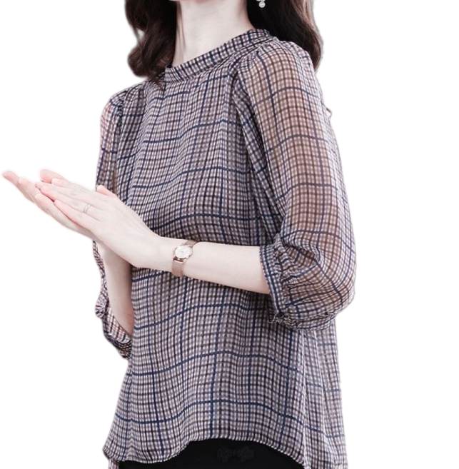 Makone 여성 스탠드넥 봄가을 스타일리쉬 7부 소매 체크 블라우스 데일리룩