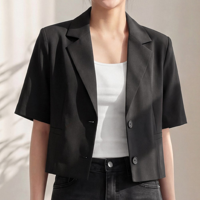 라뷰드 여성 여름 싱글 세미 크롭 반팔 자켓 여자 봄가을 여름 정장 루즈핏 카라 아우터 시원한 데일리 캐주얼 페이크 포켓 겉옷