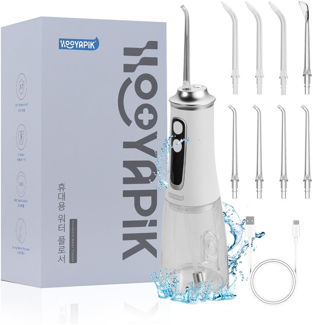 Hooyapik 치아청소기계 휴대용 구강세정기 대용량 건강한 구강관리 초강력 배터리 9단계 세정모드 IPX7 방수+8개 노즐팁 D0051, 화이트, D0051(X7-B)