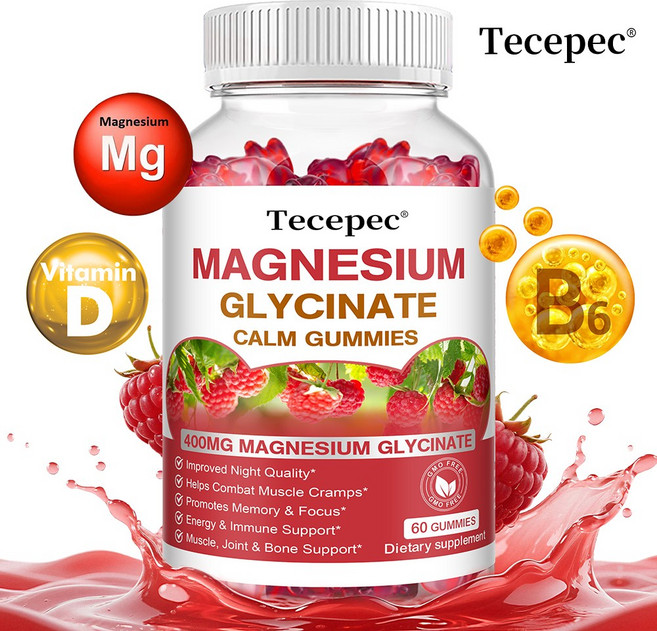 마그네슘 글리신 젤리 400mg - 사과산 비타민 D B6와 코엔자임 Q10 함유 라즈베리맛 Non-GMO 비건성, 1개, 60회분