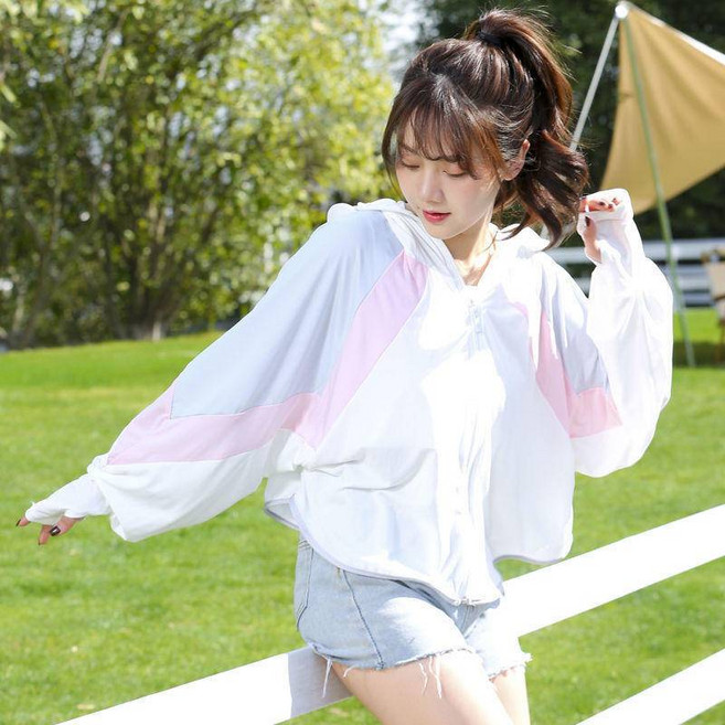 冰絲防曬外套 女款 長袖連帽 防紫外線 輕薄透氣 戶外休閒防曬服, 白色冰丝拼色,均码（80-140斤）, 白色冰丝拼色