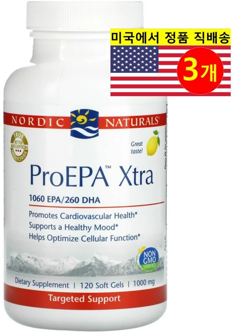 Nordic Naturals 노르딕 네추럴스 오메가-3 ProEPA Xtra 1000mg 레몬맛, 3개, 120정 - 쿠팡