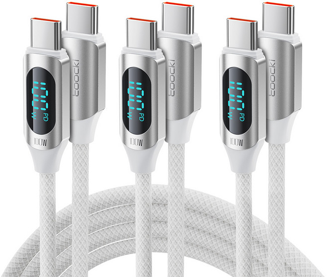 TOOCKI 알루미늄 합금으로 디스플레이 C-C 100w 고속 충전케이블, 1m, 화이트, 3개