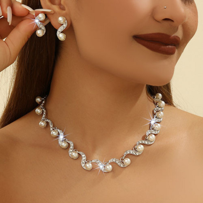 여성 파티 행사 공연 진주 큐빅 체인 실버 목걸이 귀걸이 액세서리 2종 세트 A1713