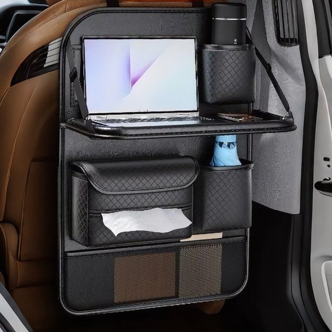 카지온 차량용 뒷좌석 수납포켓 가죽 킥커버 멀티 테이블 수납 정리함, 블랙, 1개