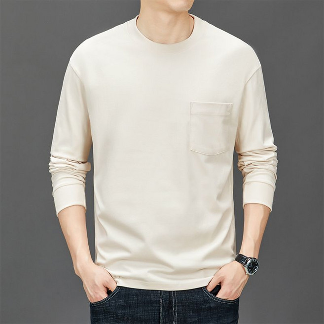 중년 남성 라운드넥 긴팔 티셔츠 봄 가을 아빠룩 캐주얼 솔리드 긴팔티 심플 루즈핏 남자 얇은 상의 LJX